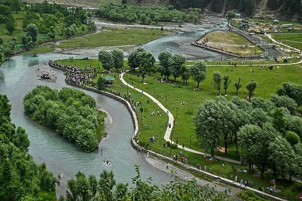 High angle aerial view of Betaab Valley park with turquoise river
