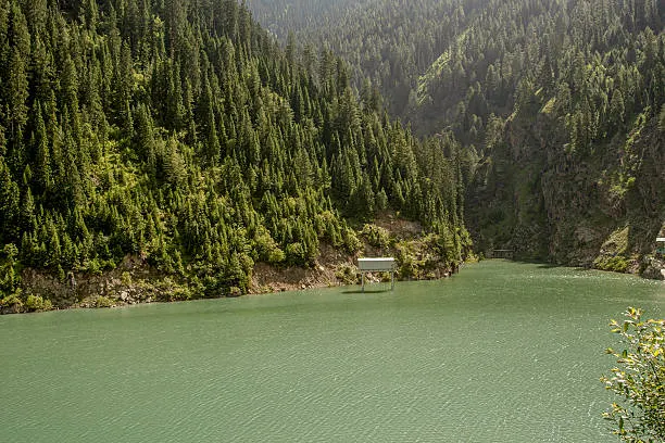 Emerald lake waters framed by sheer pine-covered mountain slopes