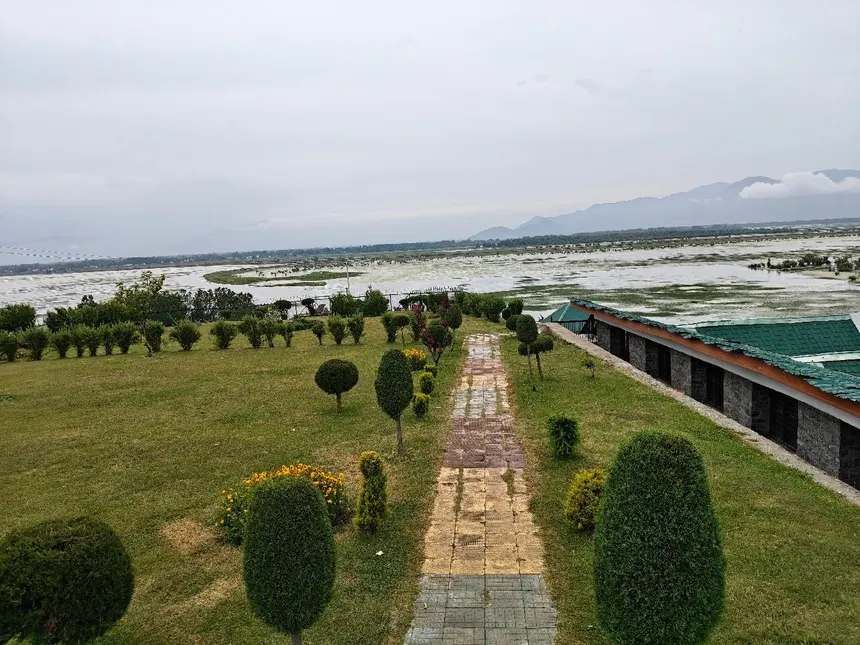Watlab viewpoint manicured hilltop garden overlooking Wular Lake
