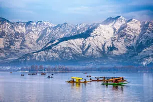Colorful Shikara boats on mirror lake against snowy mountains