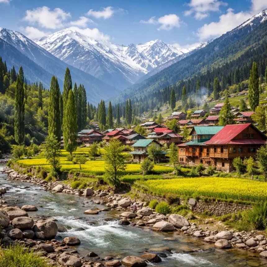 Picturesque village near mountain stream with golden mustard fields