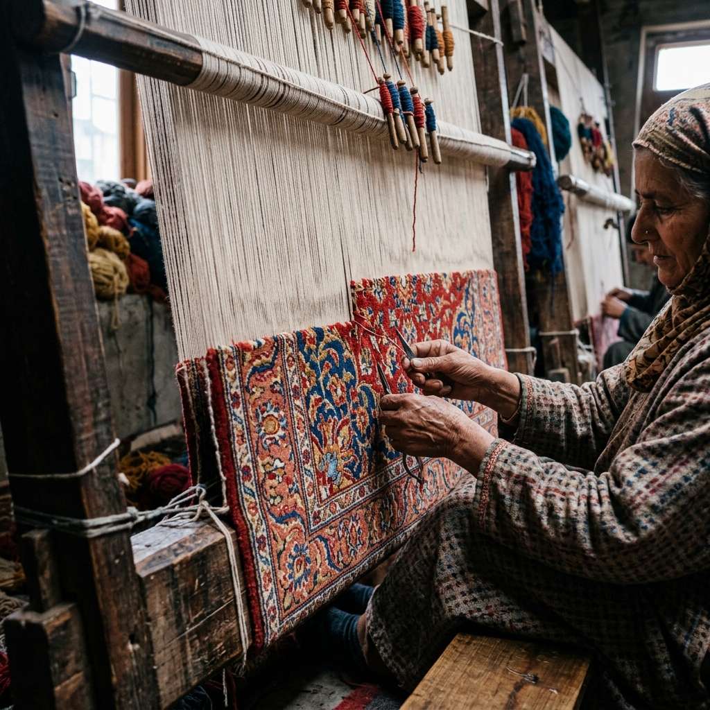 Kashmiri artisan hand-knotting carpet with intricate floral patterns
