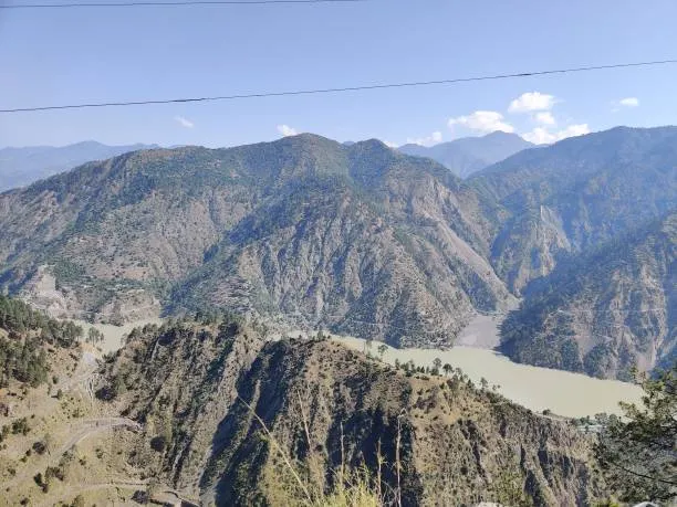 High mountain ridge viewpoint over the winding Chenab River gorge