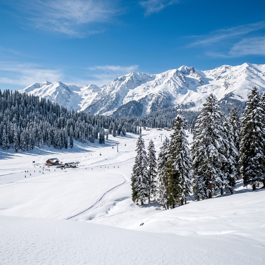 Gulmarg alpine meadow in winter with snow and pine trees