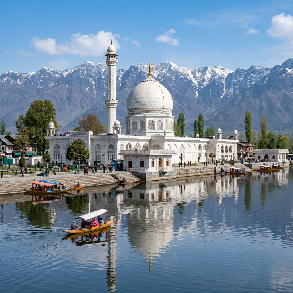 Hazratbal Shrine white marble mosque on Dal Lake shore
