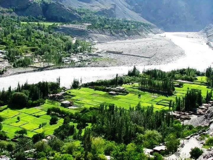 Batalik Sector Indus river valley with lush green terraced fields in Kargil