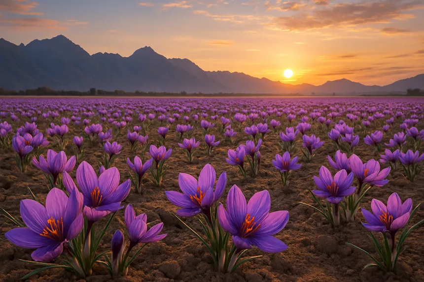 Purple Saffron crocus blooming across Pampore karewa terraces at golden sunset