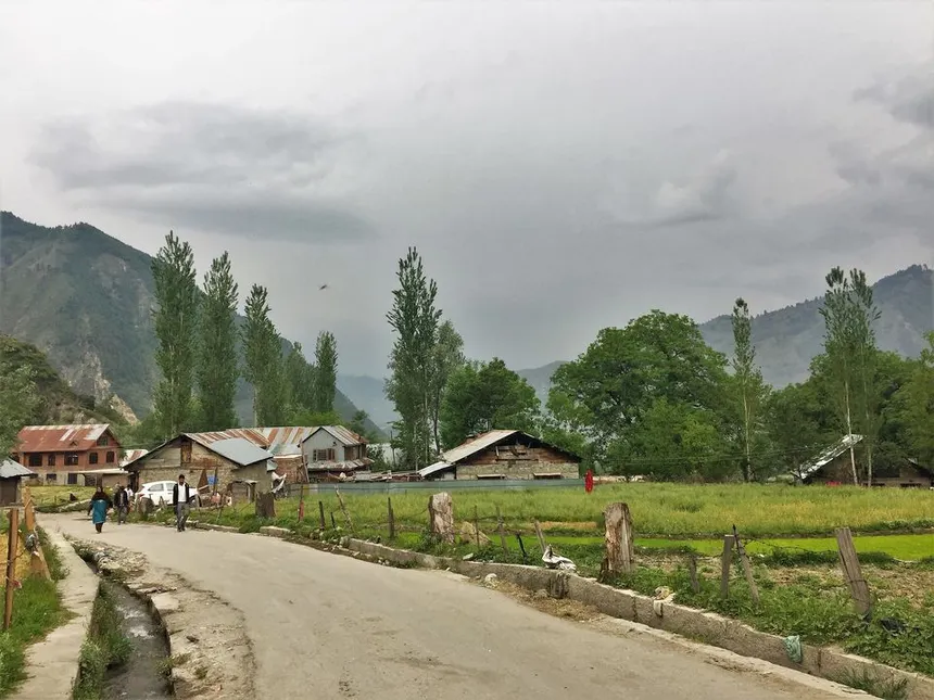 Teetwal village street and agricultural fields in Karnah Valley facing Chilhana Pakistan