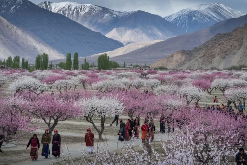 Ladakhi women in Goncha robes walking through blossoming apricot orchards