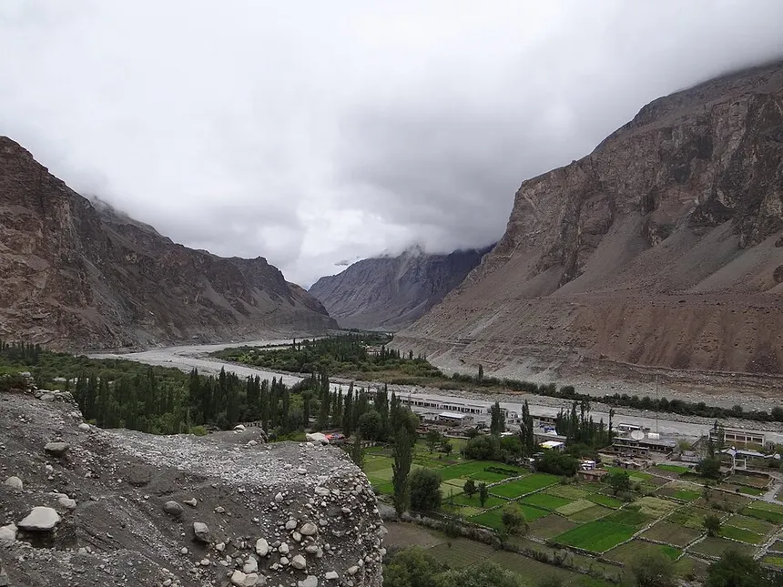 Turtuk and Thang green terraced fields overlooking the Shyok river bed into Baltistan