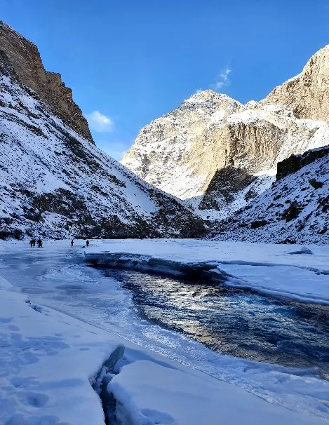 Chadar trek across frozen Zanskar river canyon ice sheets