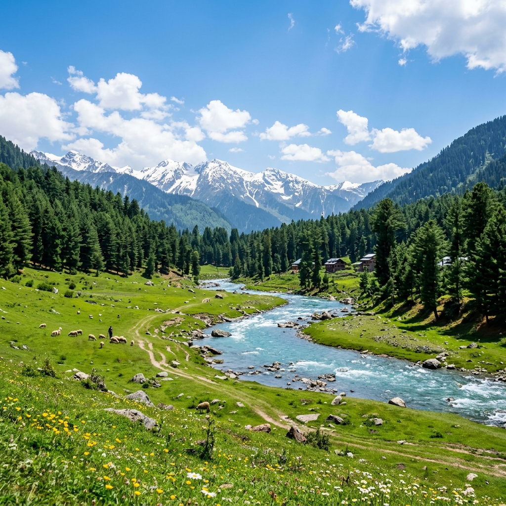 Pahalgam valley with Lidder river and pine forest