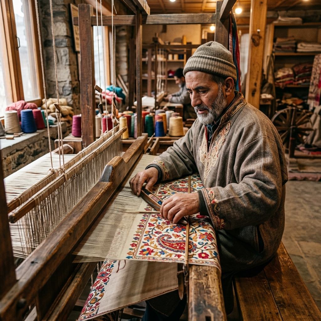 Kashmiri artisan weaving Pashmina shawl on traditional handloom