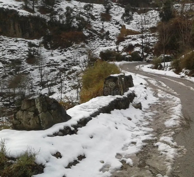 Snowy winter mountain road on Dehra Ki Gali Mughal Road ascent