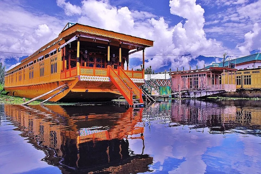 Handcrafted wooden luxury houseboat on Dal Lake