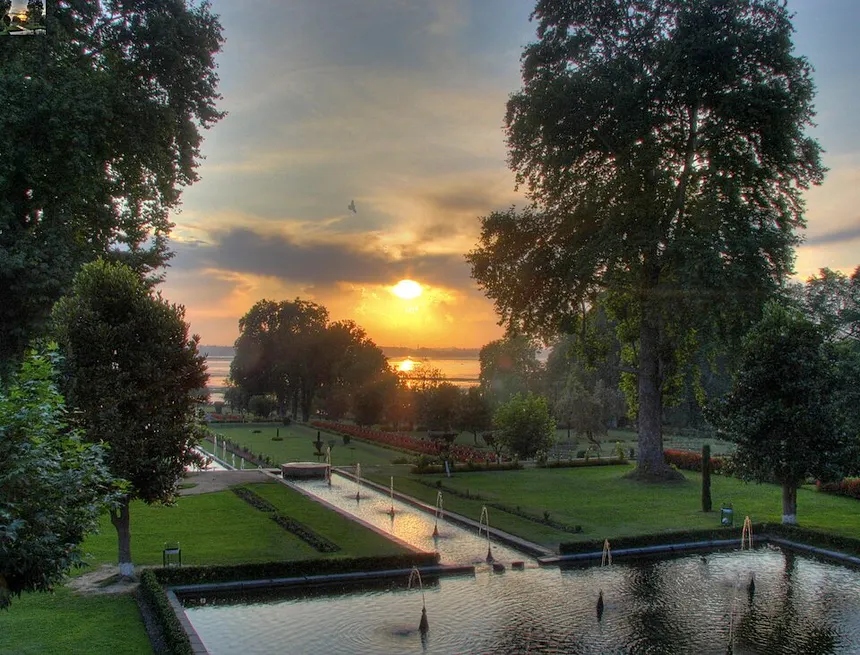 Sunset over Nishat Bagh terraced garden looking towards Dal Lake